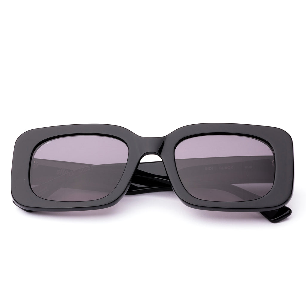 Black square womens sunglasses with grey lenses on a white background