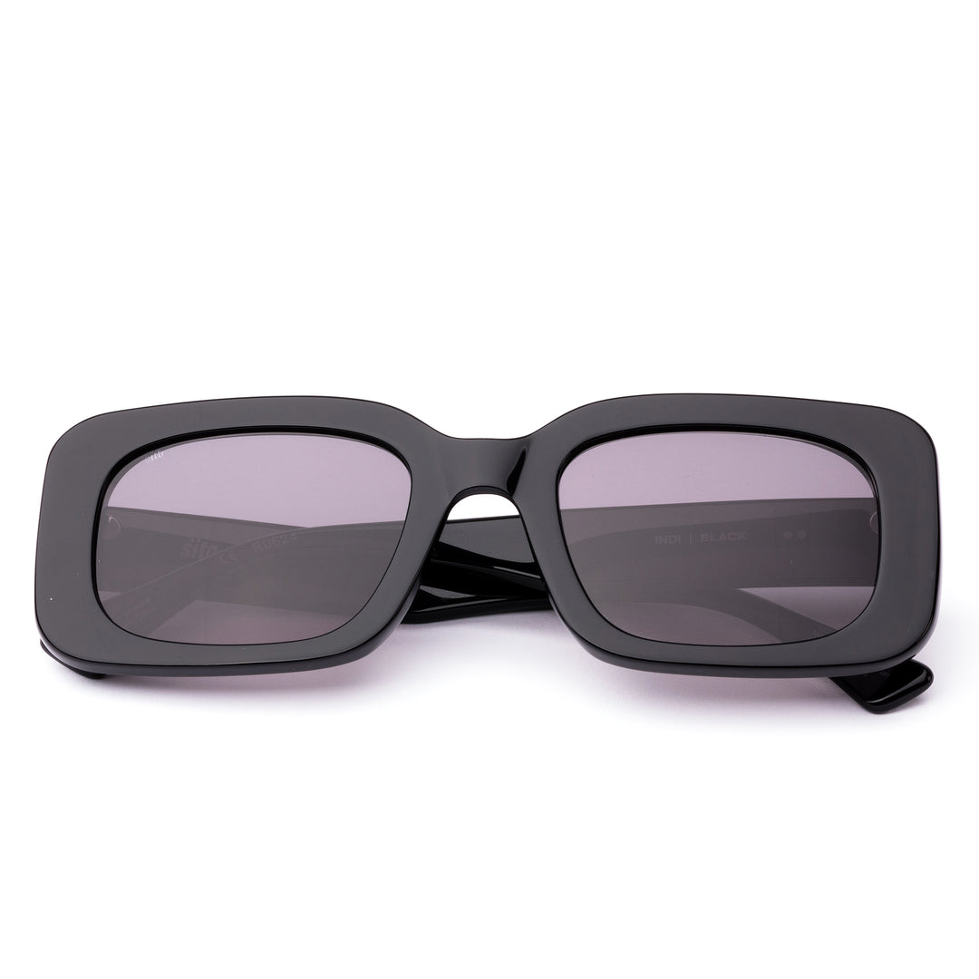 Black square womens sunglasses with grey lenses on a white background