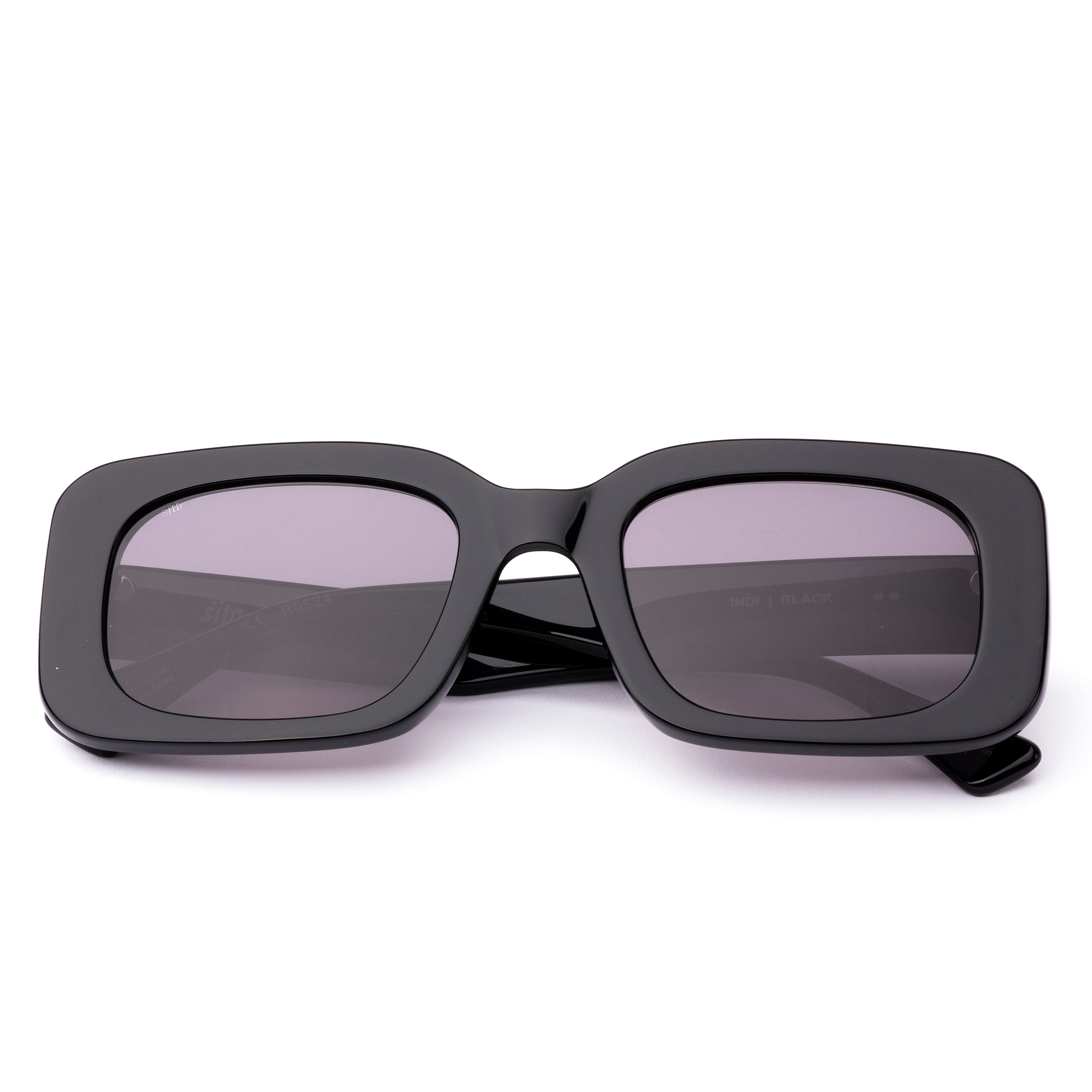 Black square womens sunglasses with grey lenses on a white background