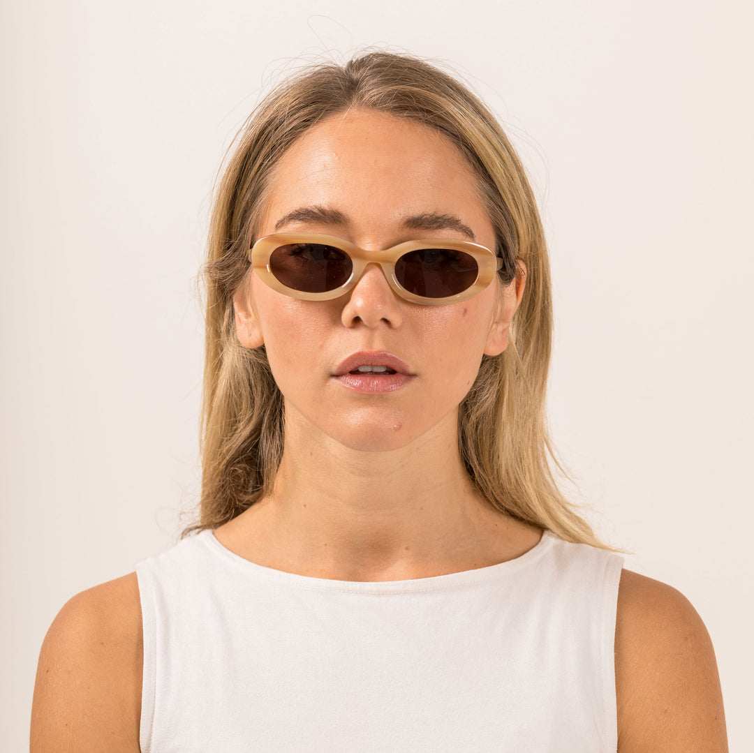 Sito Shades Australian Designed Women's Sunglasses Frame Lourdes in Havana Lotus Plant Based Acetate  Styled on Model