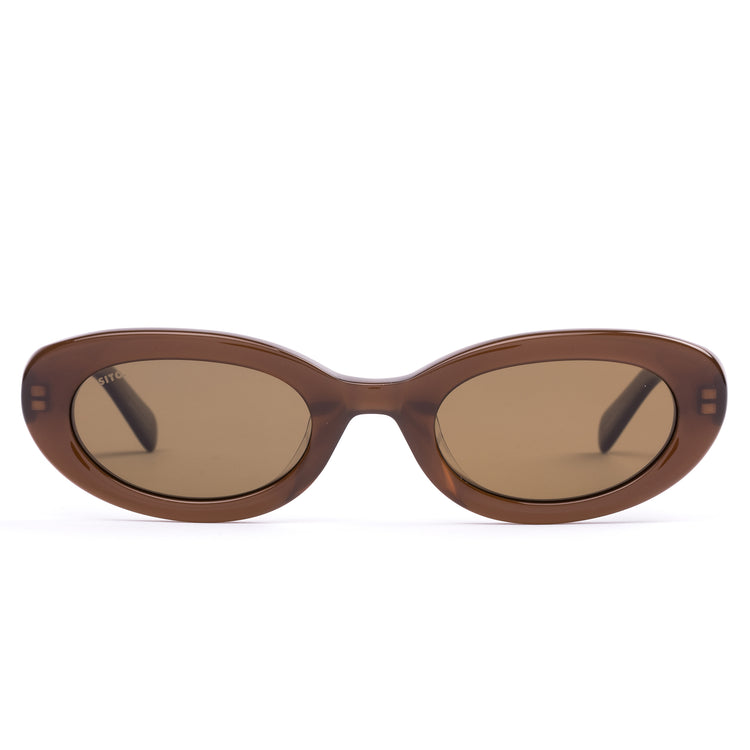 Brown oval women's trending sunglasses on a white background