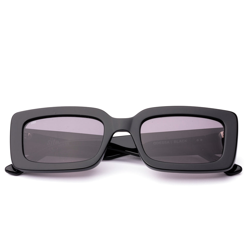 Black rectangle womens sunglasses with dark lenses on a white background