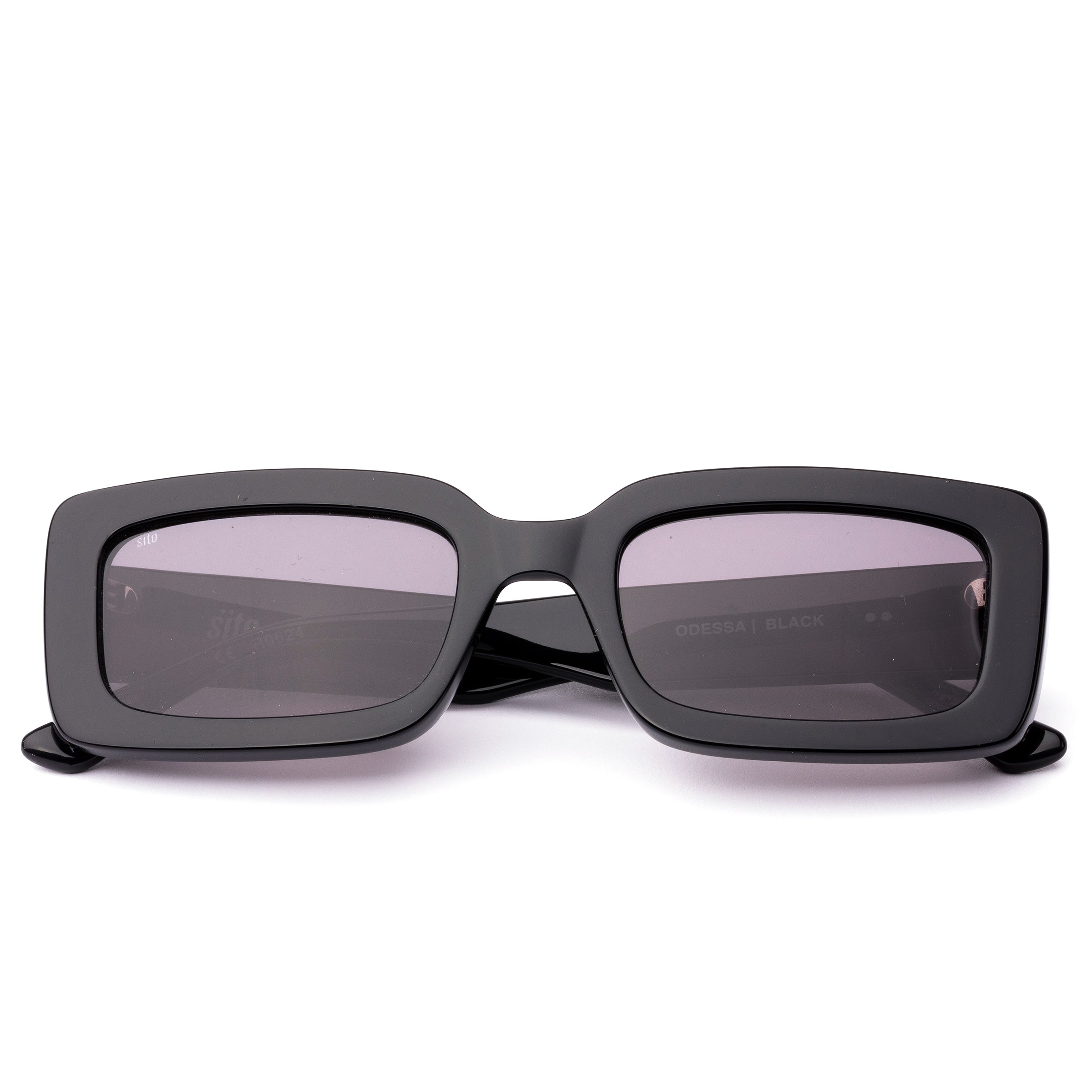 Black rectangle womens sunglasses with dark lenses on a white background