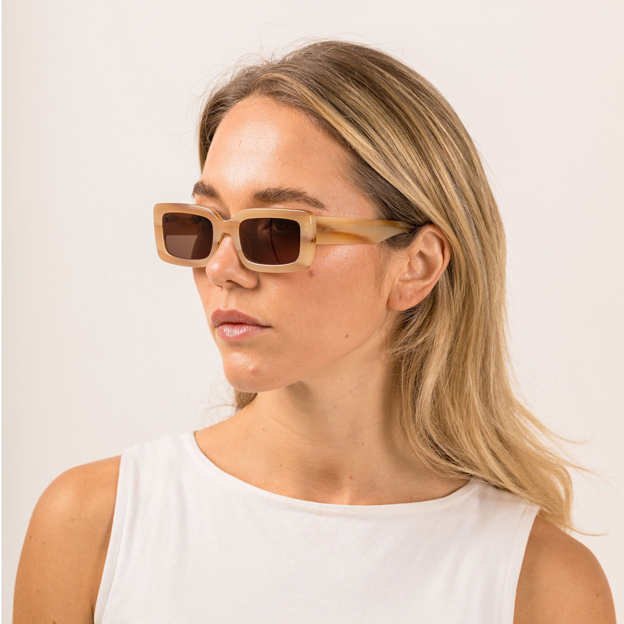 Sito Shades Austrralian Designed Odessa Plant Based Acetate Sunglasses Frame in Havana Lotus colour side view on model