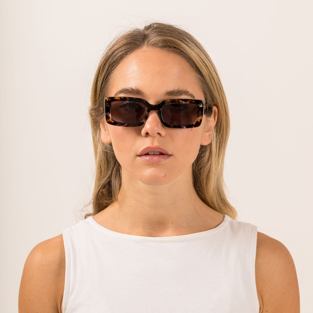 Sito Shades Austrralian Designed Odessa Plant Based Acetate Sunglasses Frame in Pebble Tort colour front view styled on model