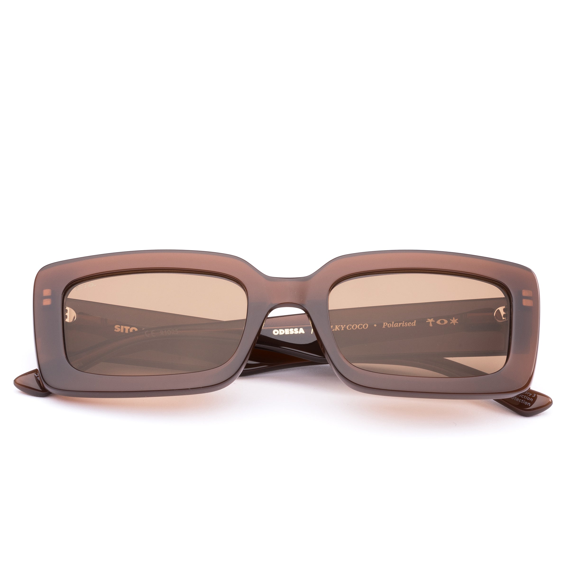 Brown Odessa sunglasses with Sito Shades branding on a white background