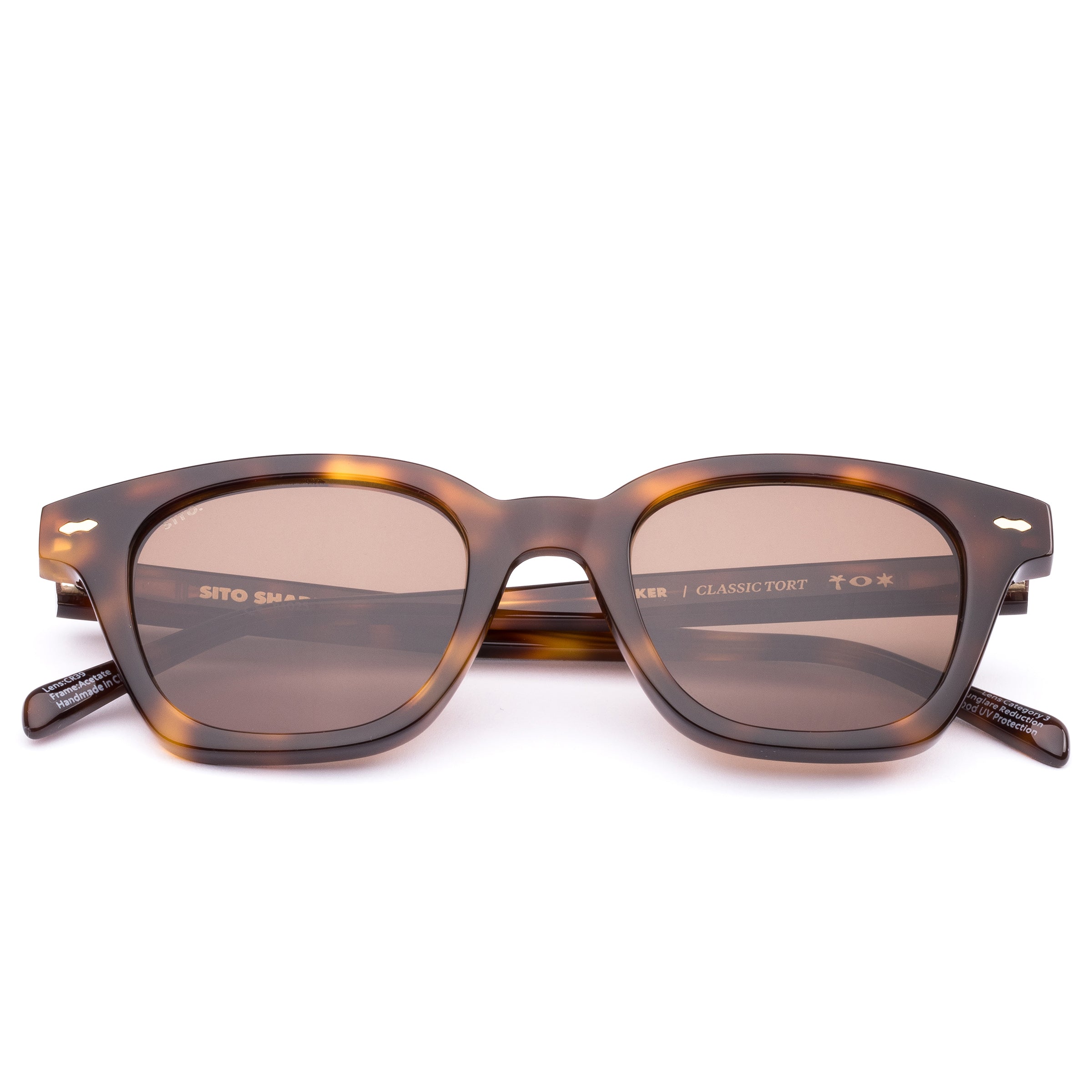 Flat lay of Classic Tort coloured Ryker square sunglasses by Sito Shades on white background.