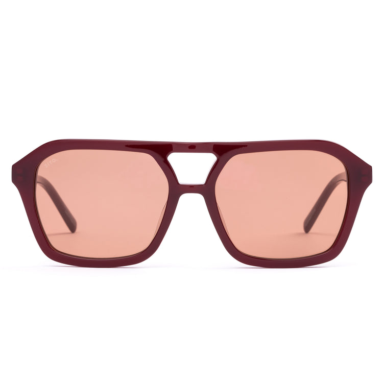 Dark red aviator sunglasses on white background.